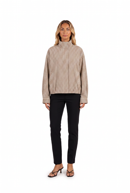 Brown gingham stand-collar cropped shacket — front
